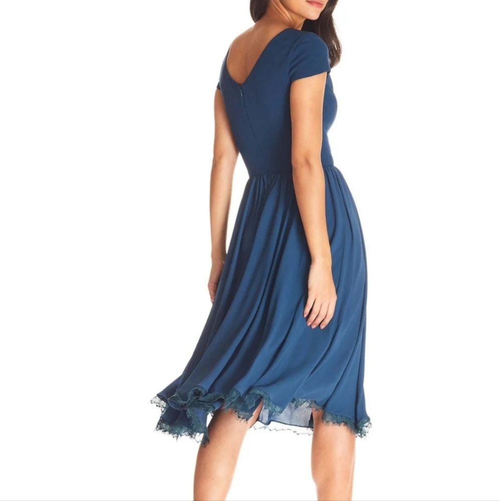 Dress the Population Corey V Neck Short Sleeve Chiffon Lace Trim Midi, Size Xxl - Picture 5 of 15